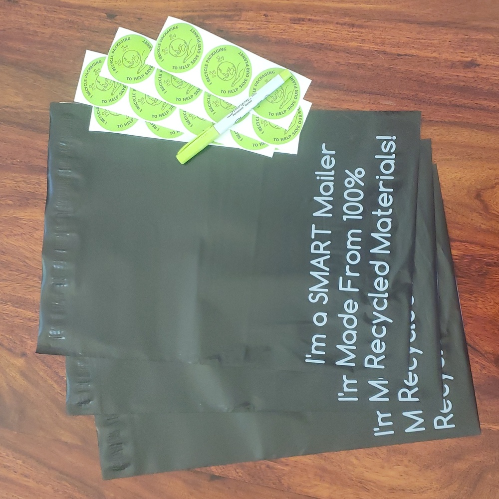 Recycled Polymailer Shipping Bundle | Eco Mailers + Green Stickers • 50 Pieces